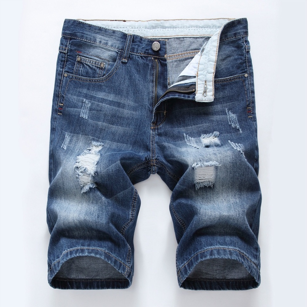 #006-2 Dark Blue Distressed Ripped Jean Shorts